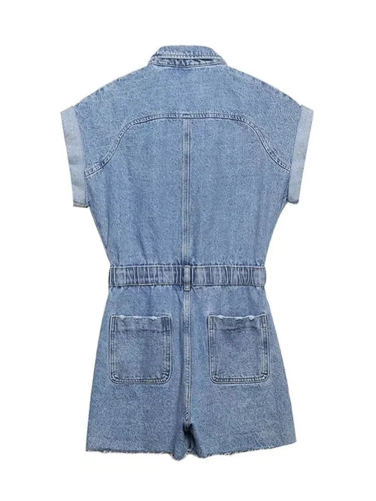 Ashore Shop 2023 Summer Womens Denim Jumpsuits Short sleeve shorts denim overalls