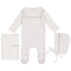 Bee & Dee Snow White with Pink Vines Embroidered Linen Pointelle Collection Layette Set