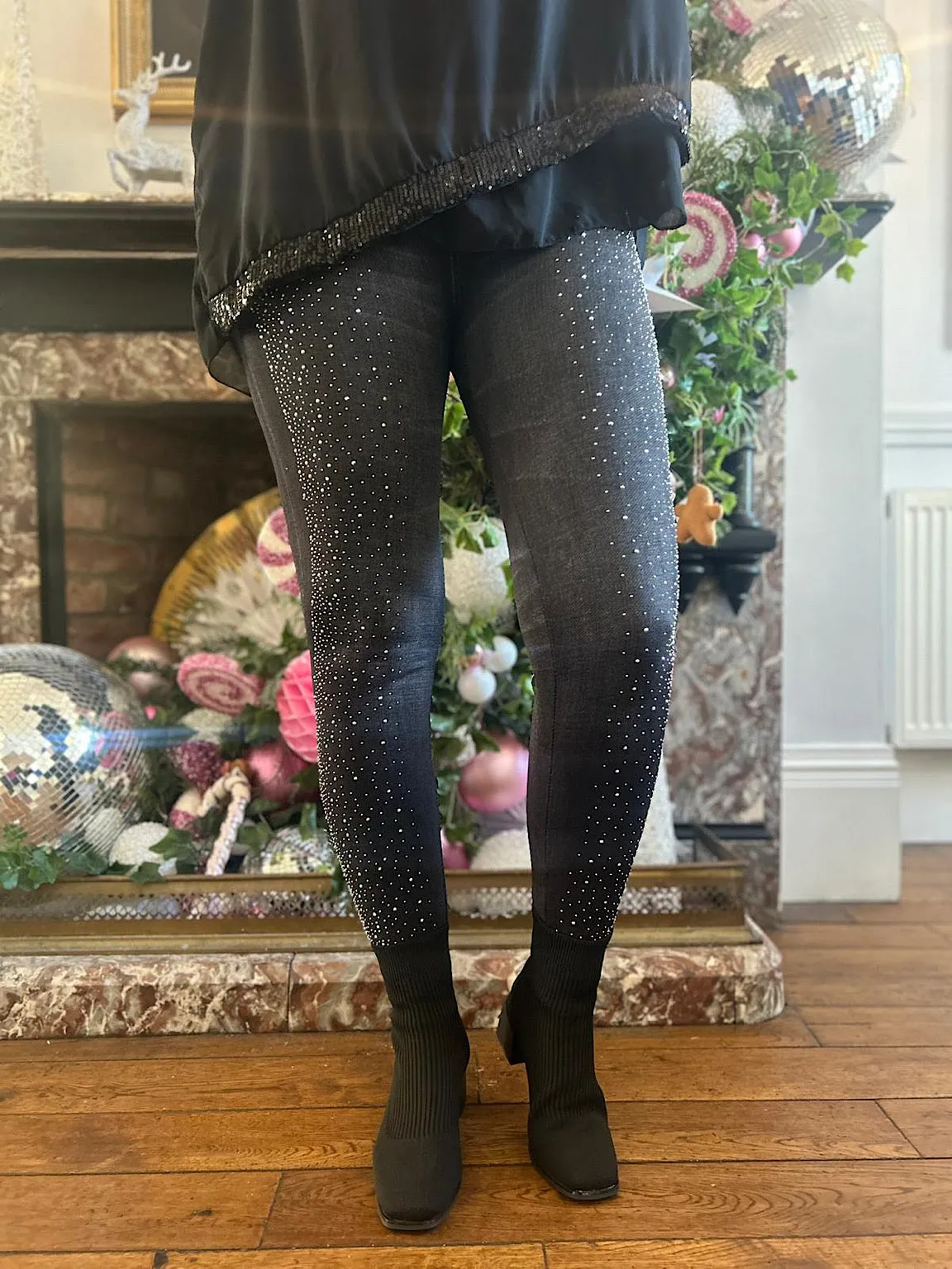 Black Diamante Jean Look Leggings