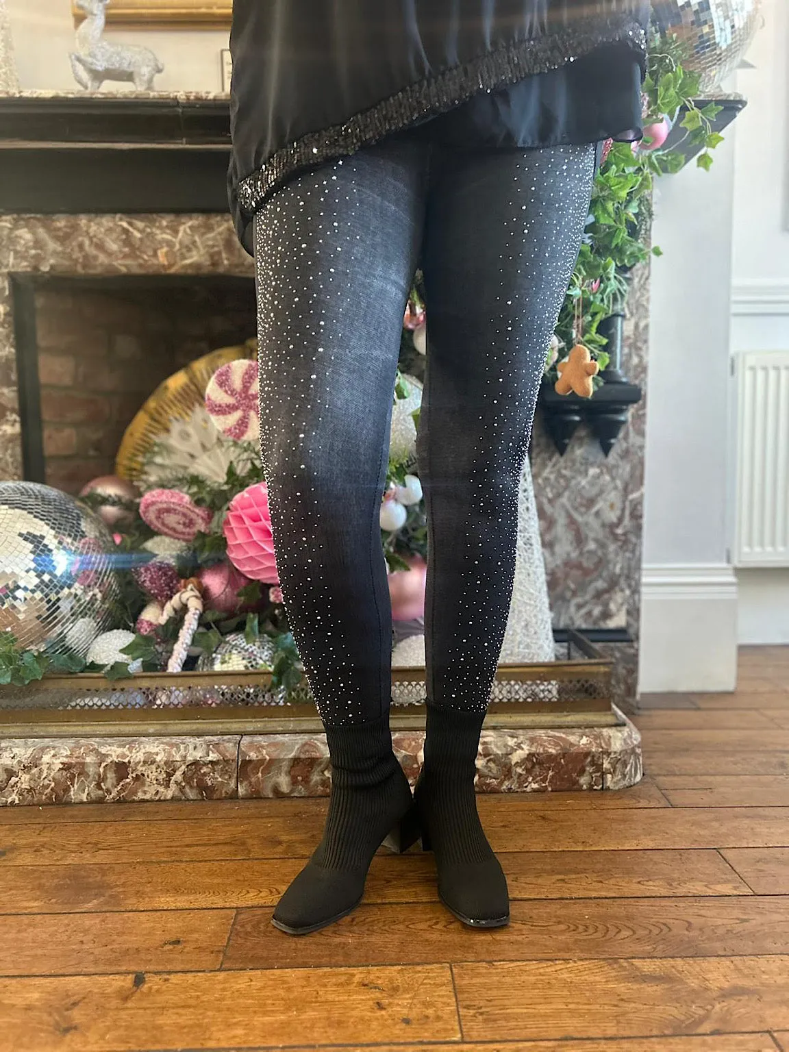 Black Diamante Jean Look Leggings