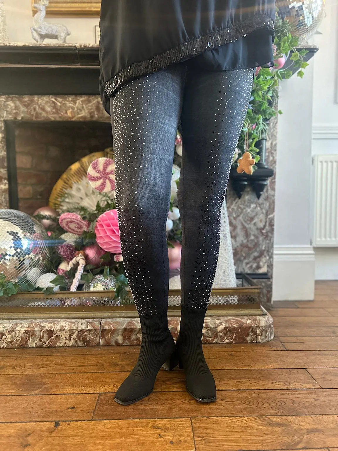 Black Diamante Jean Look Leggings