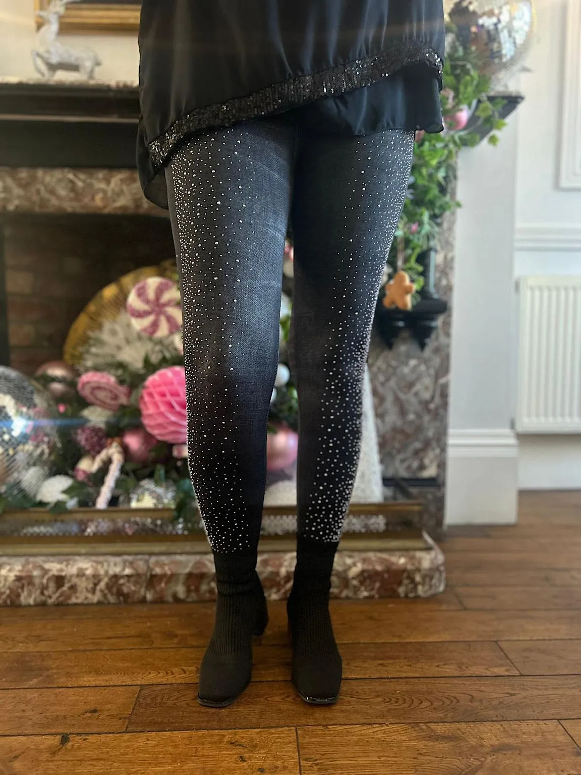 Black Diamante Jean Look Leggings