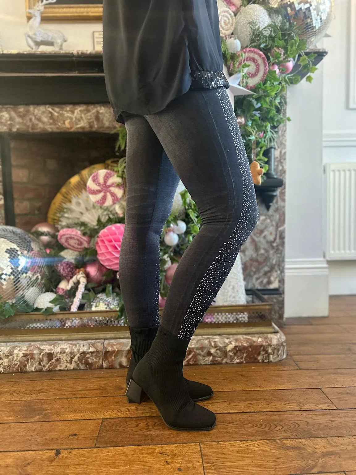 Black Diamante Jean Look Leggings