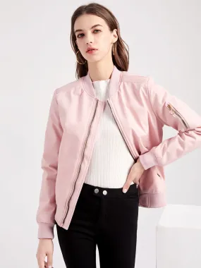 Bomber Jacket Pink Casual Baseball Jacket Solid Color Stand Collar Zip Up Spring Fall Street Outerwear For Women