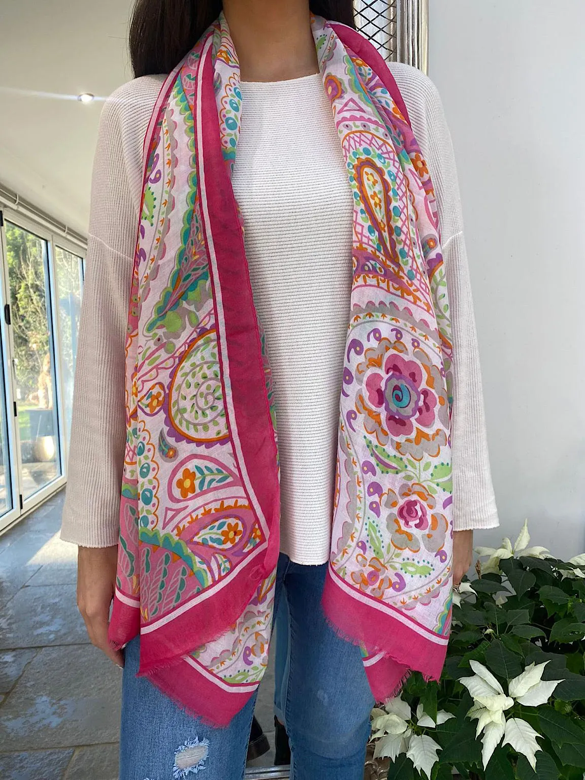 Bright Abstract Frill Hem Scarf