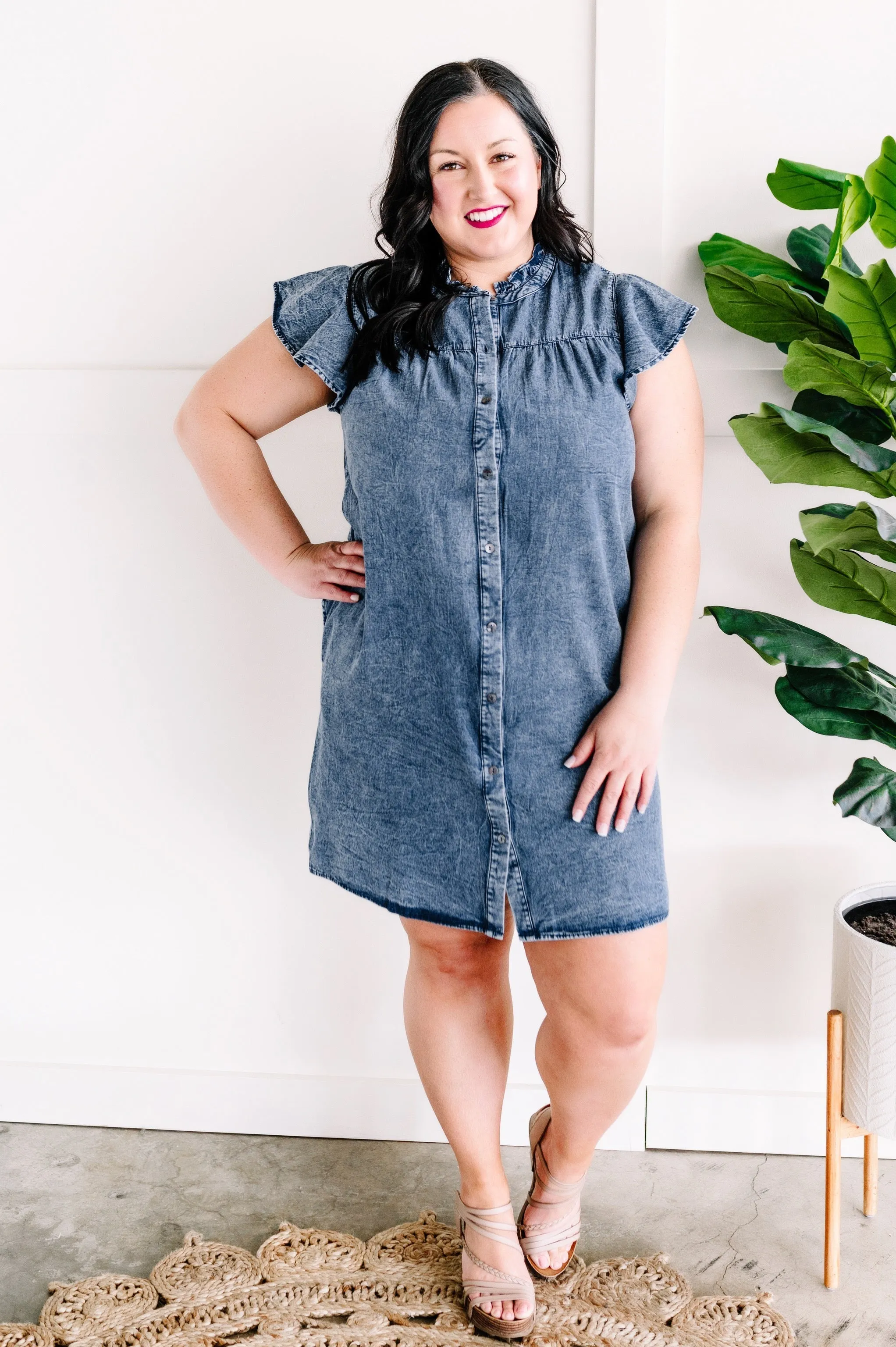 Button Down Dress In Washed Denim