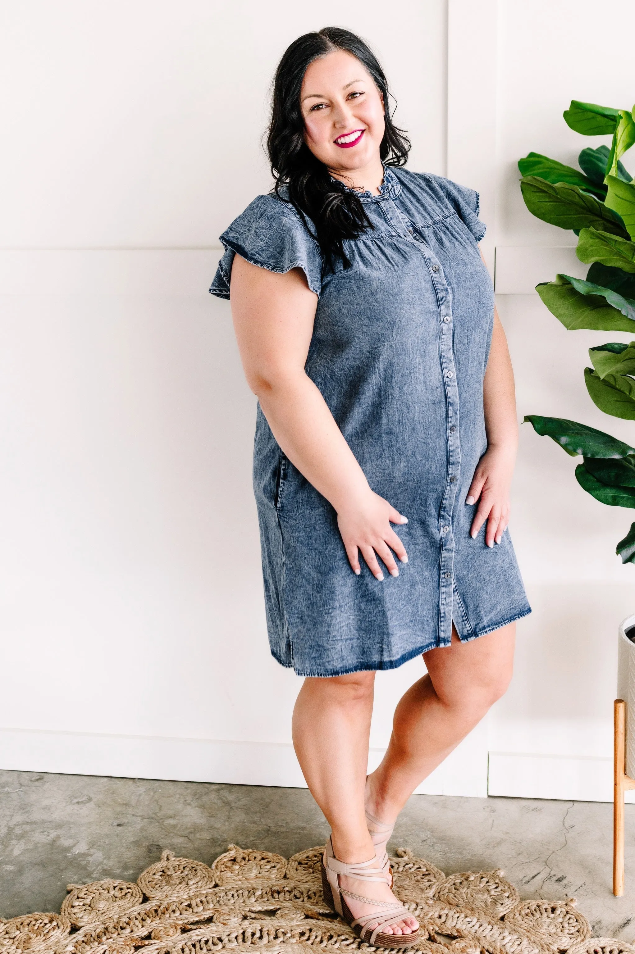 Button Down Dress In Washed Denim