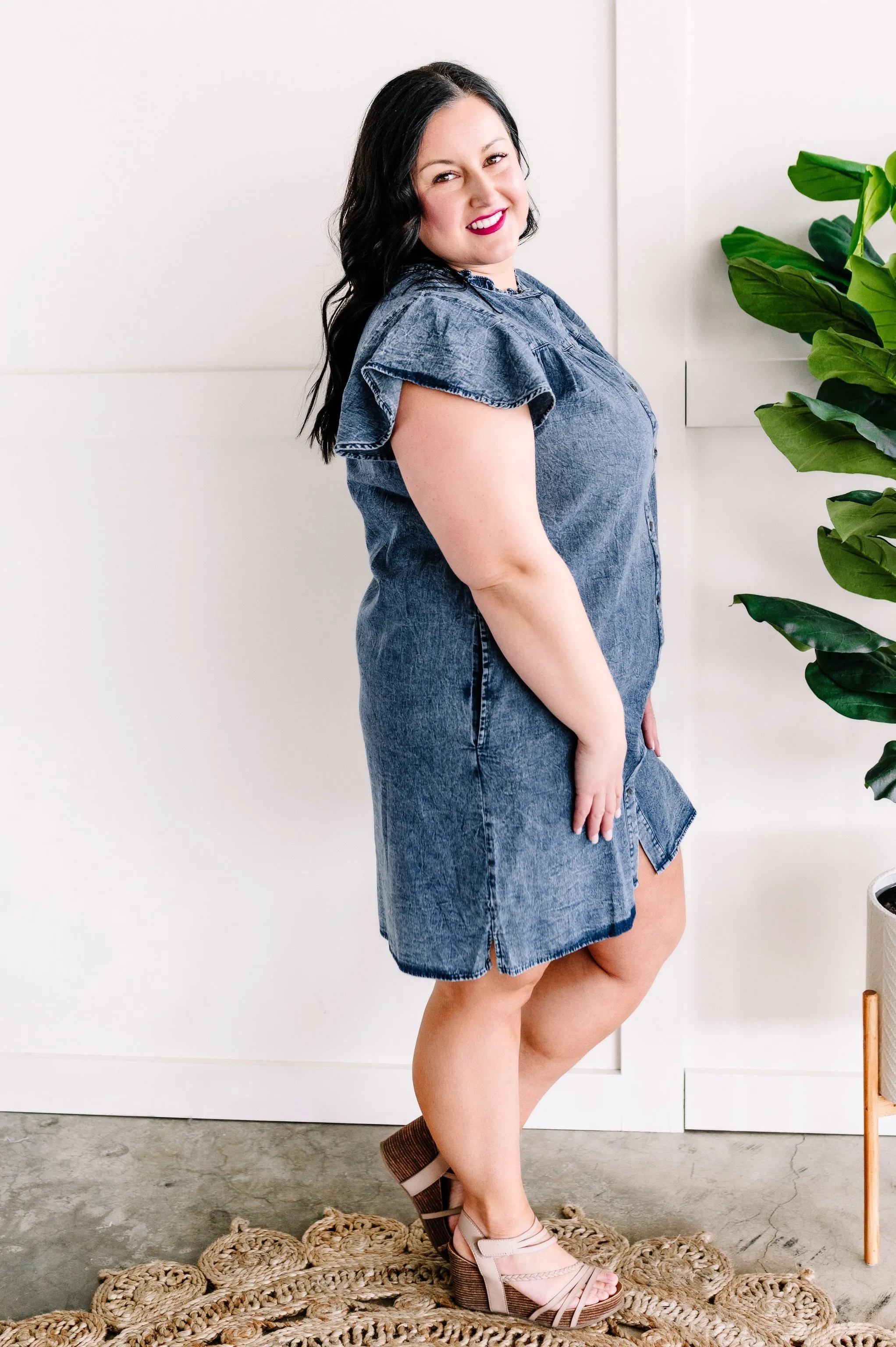 Button Down Dress In Washed Denim