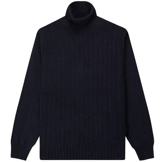 Canali Mixed Wool Jacquard Motif Turtleneck Navy