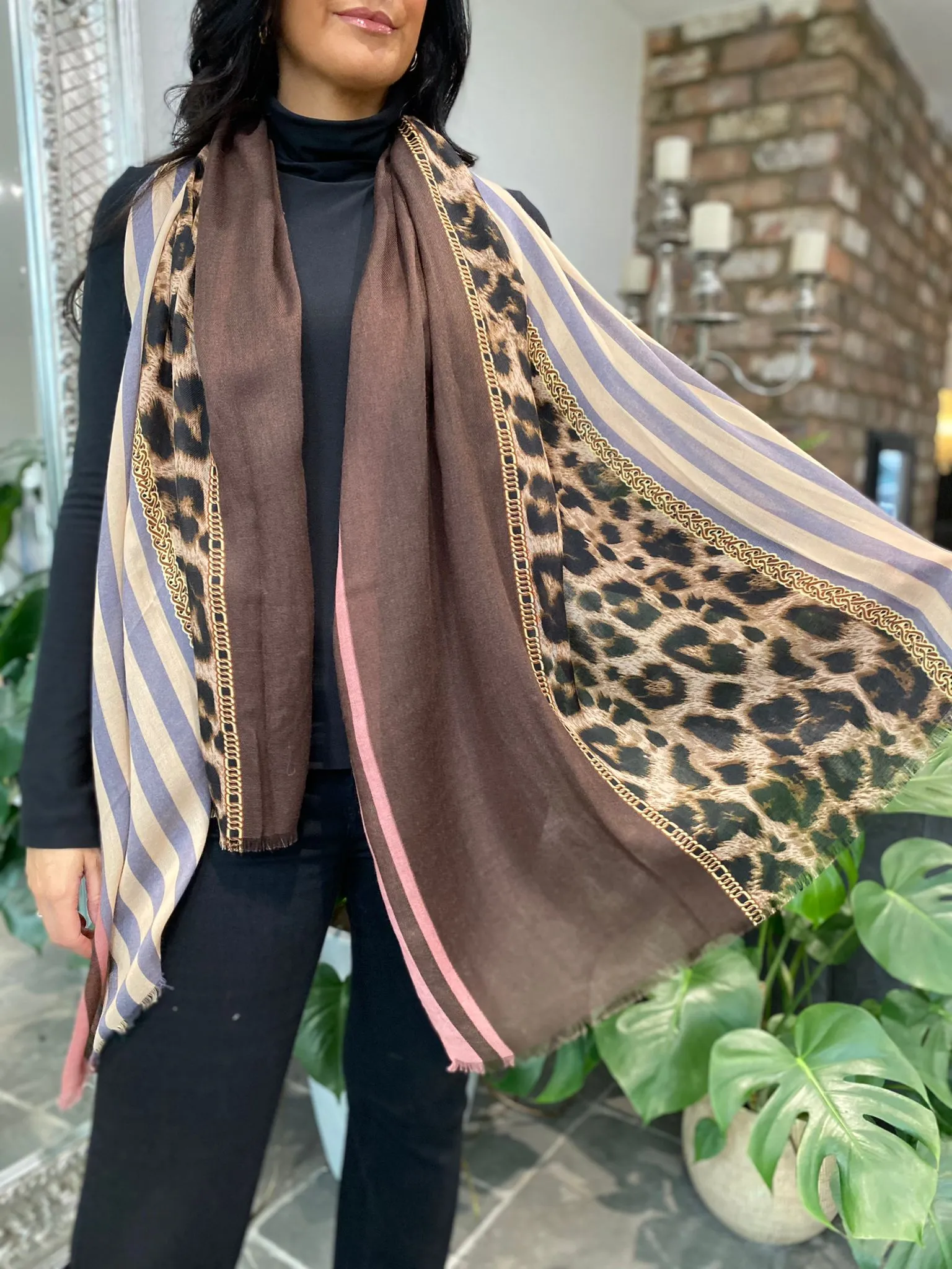 Chocolate Leopard Frayed Border Scarf