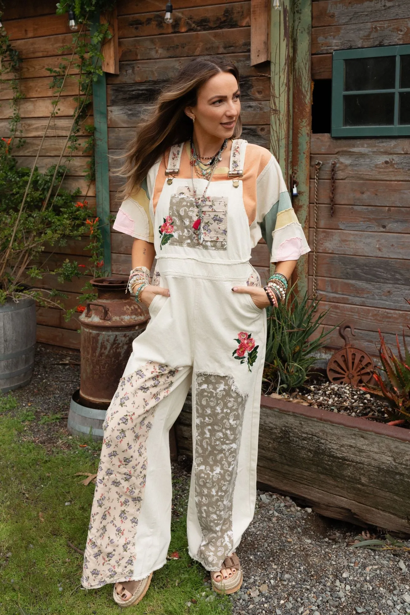 City Garden Floral Overalls - Almond