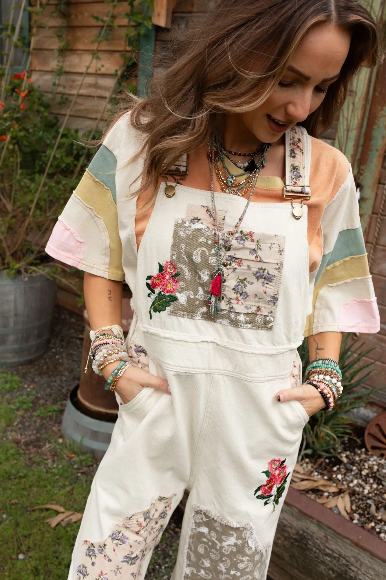 City Garden Floral Overalls - Almond