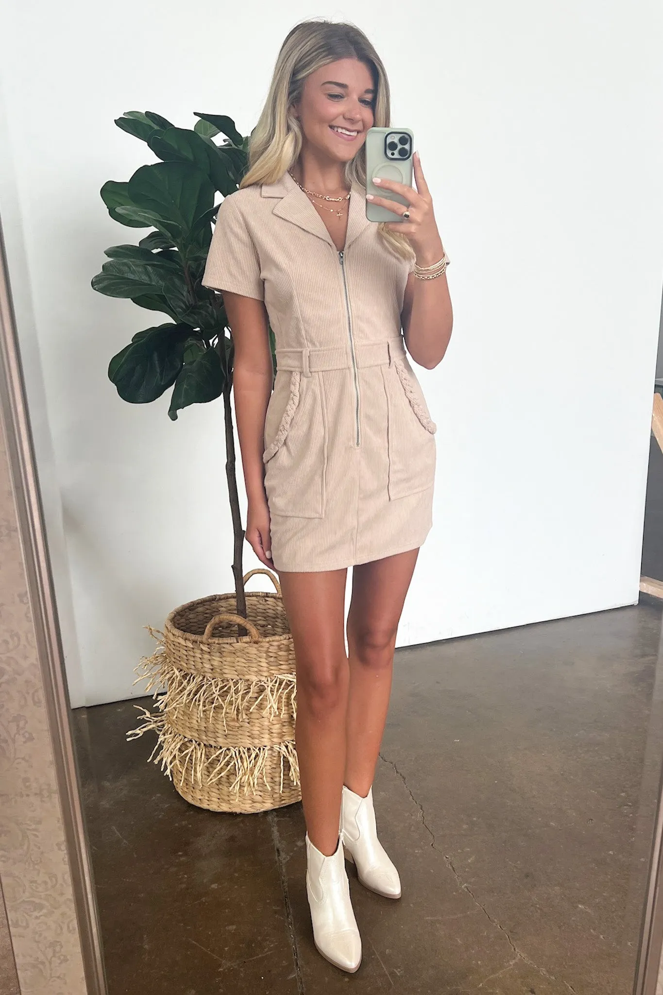 Delightful Pose Short Sleeve Zip Up Corduroy Dress