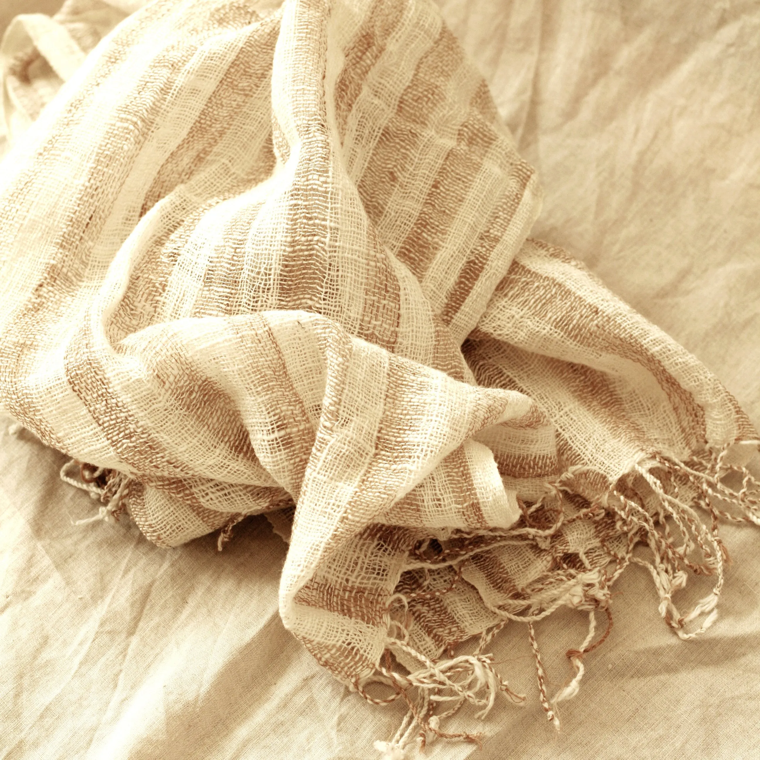 Fatima Hand-Loomed Raw Cotton Scarf, in Beige