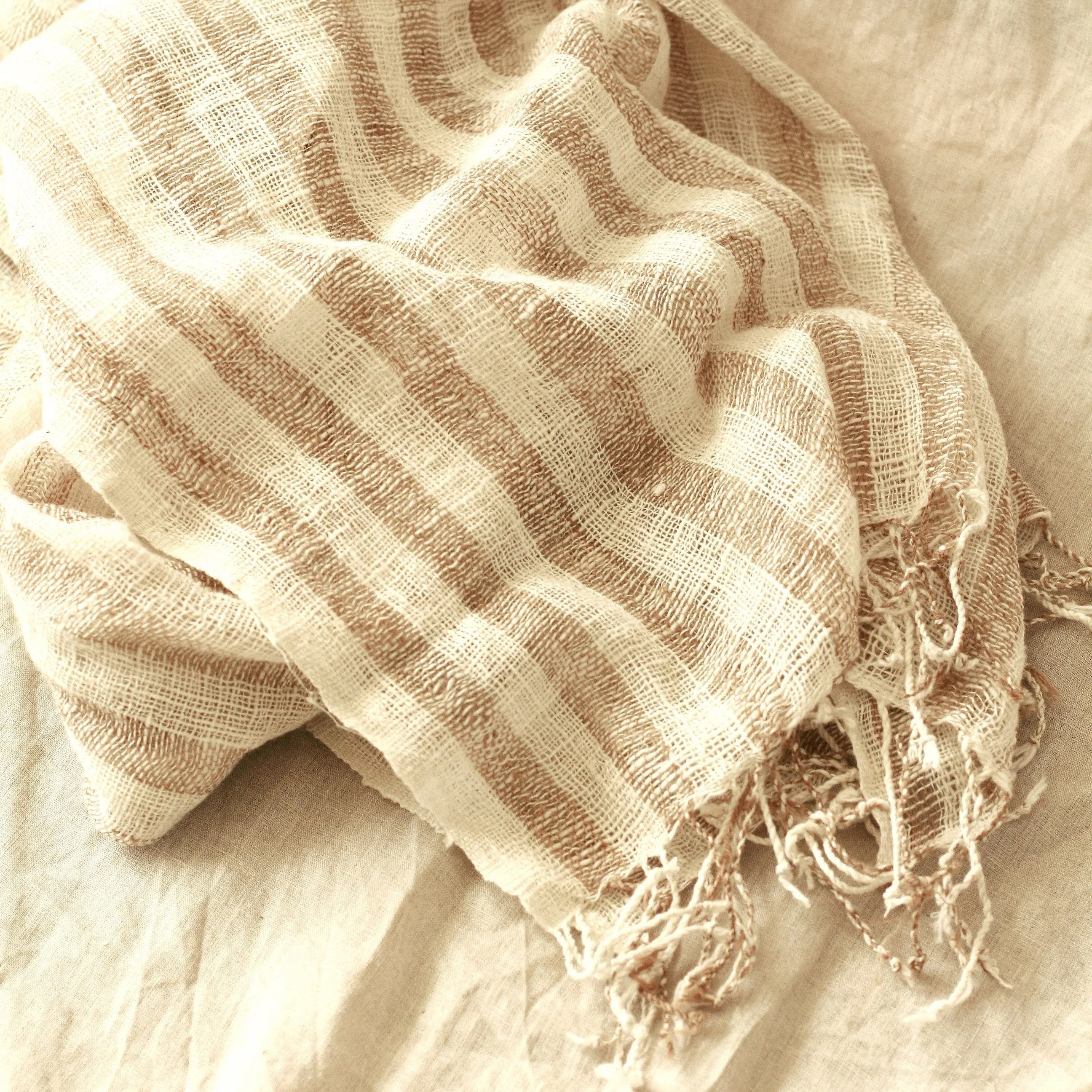 Fatima Hand-Loomed Raw Cotton Scarf, in Beige