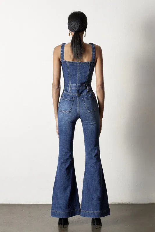 Front Buttons Flare Denim Overalls