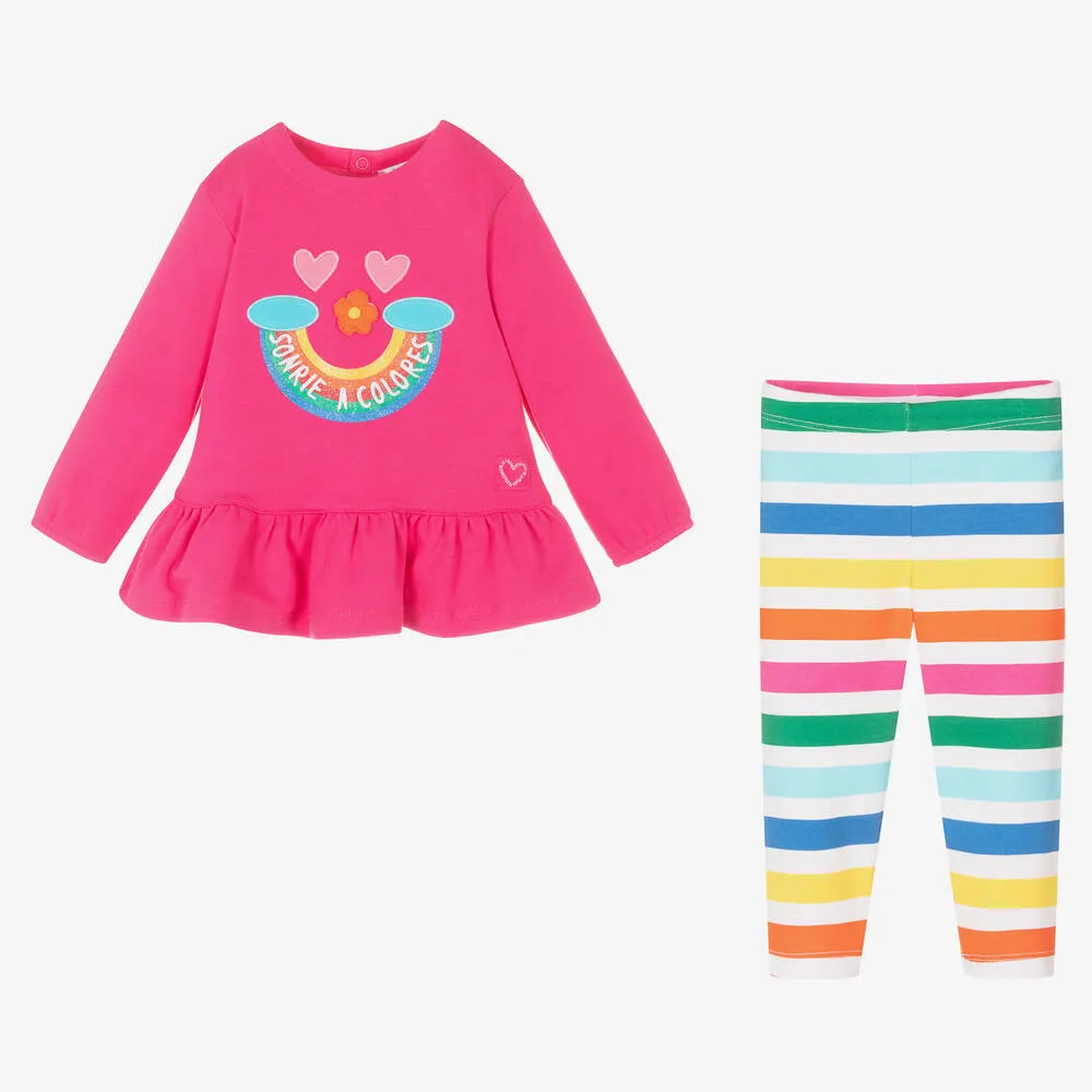 Girls Pink Rainbow Stripe Leggings Set