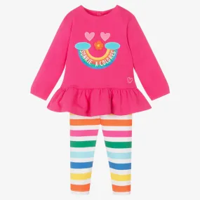 Girls Pink Rainbow Stripe Leggings Set