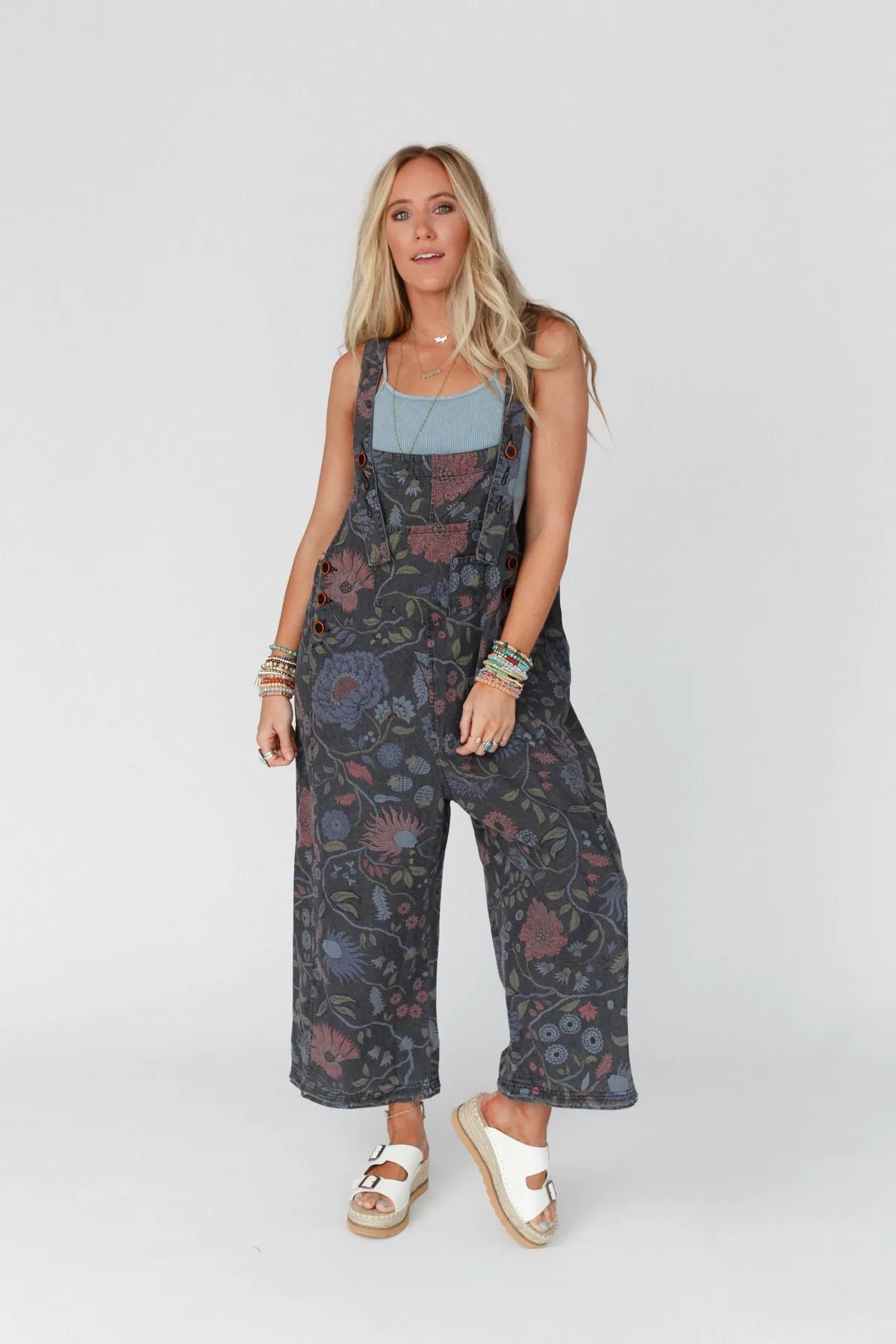 High Hopes Slouchy Denim Overalls - Floral Black Denim