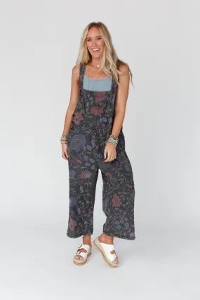 High Hopes Slouchy Denim Overalls - Floral Black Denim