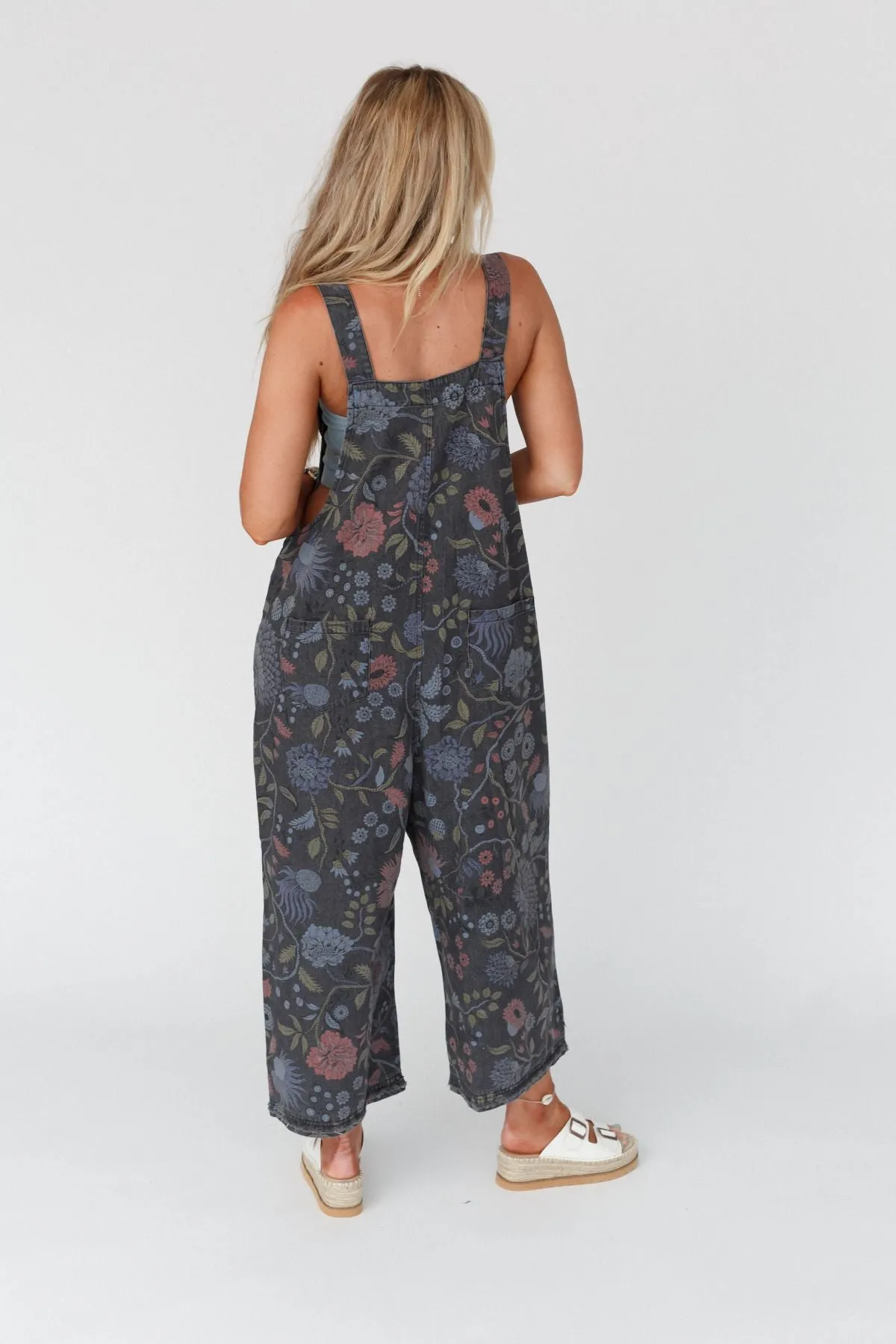 High Hopes Slouchy Denim Overalls - Floral Black Denim