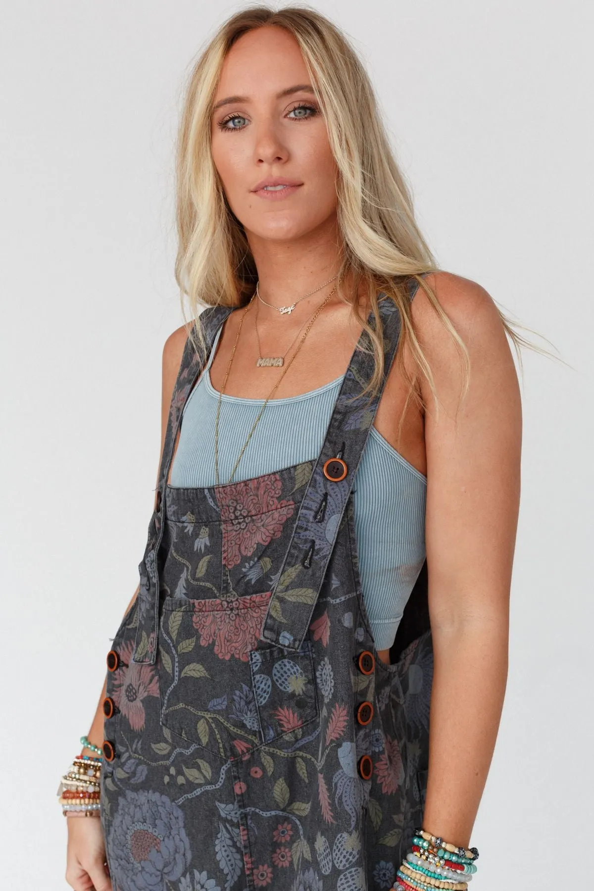 High Hopes Slouchy Denim Overalls - Floral Black Denim