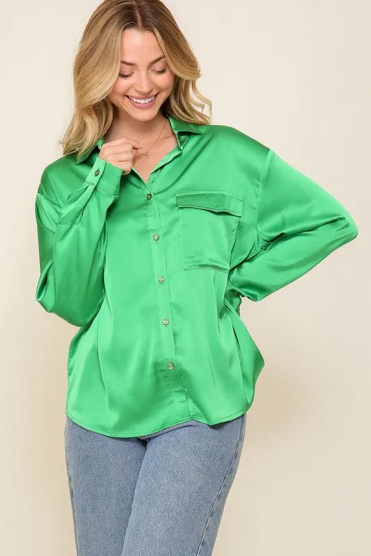 Long Sleeve Satin Button Down Blouse