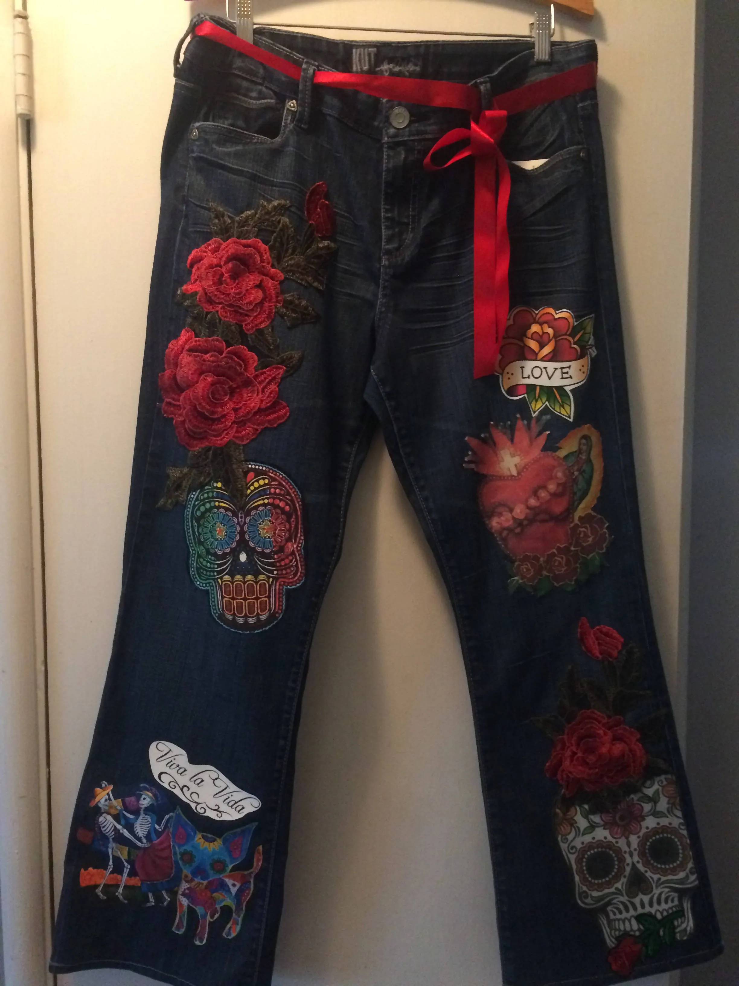 Maggie Devos - Day of the Dead/Love Denim Jeans- Size 16