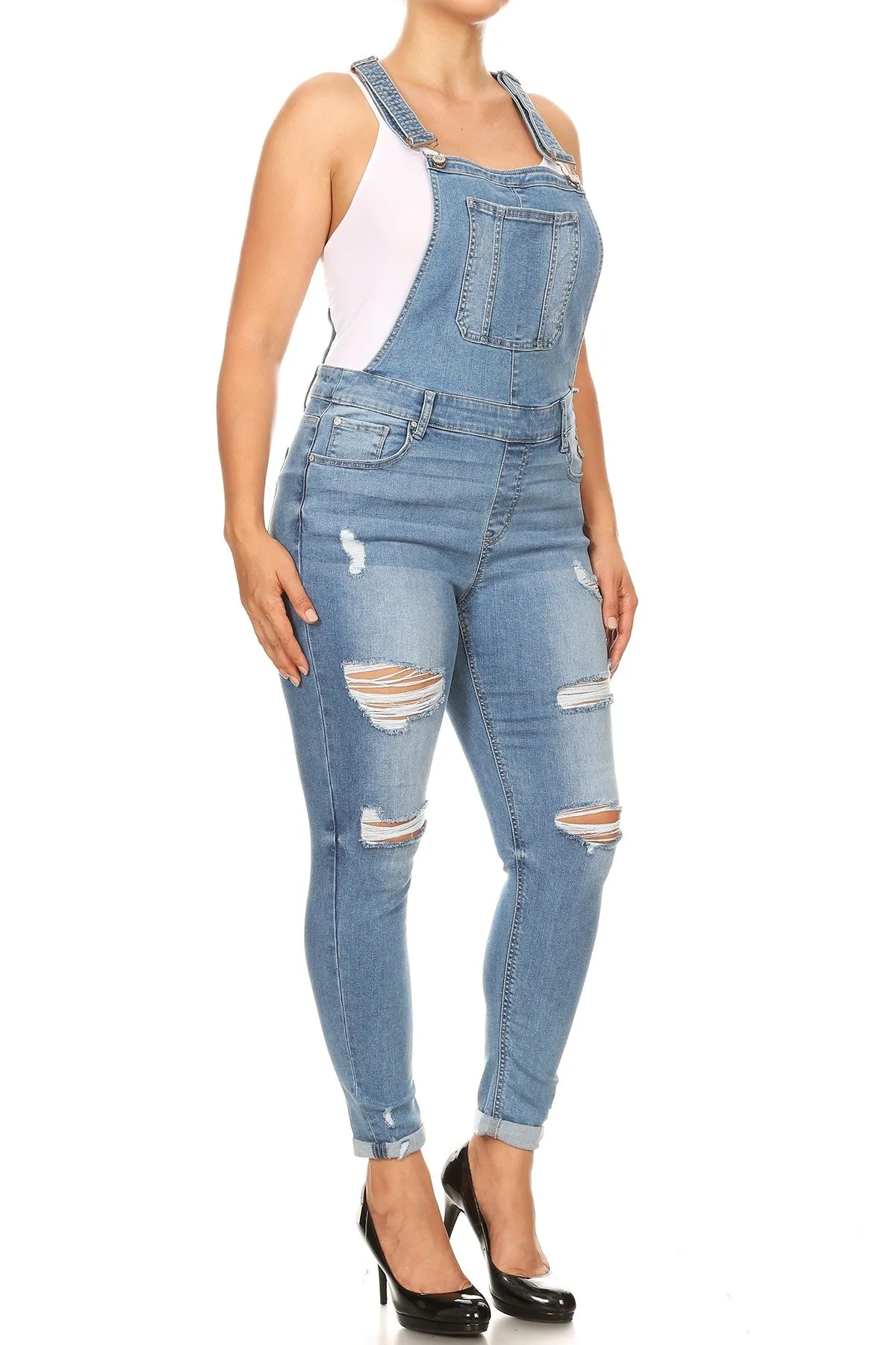 Medium Distressed Denim Overalls - PLUS