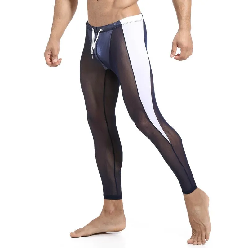 Men Compression Tights Fitness Riding Running Sports Leggings Sexy Mesh Breathable Gym Training