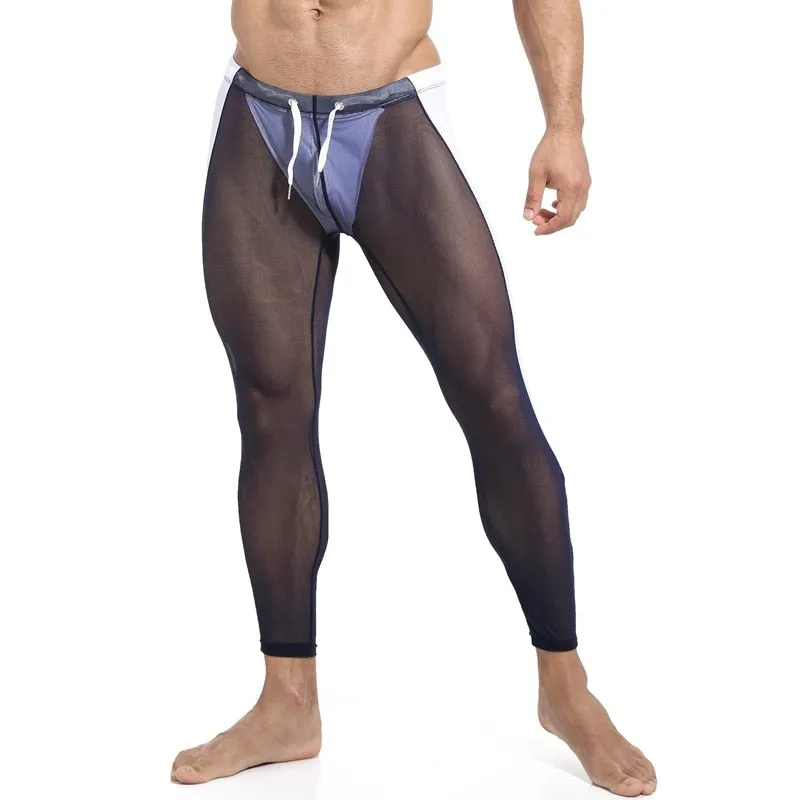 Men Compression Tights Fitness Riding Running Sports Leggings Sexy Mesh Breathable Gym Training