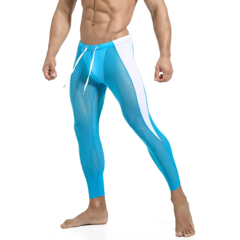 Men Compression Tights Fitness Riding Running Sports Leggings Sexy Mesh Breathable Gym Training