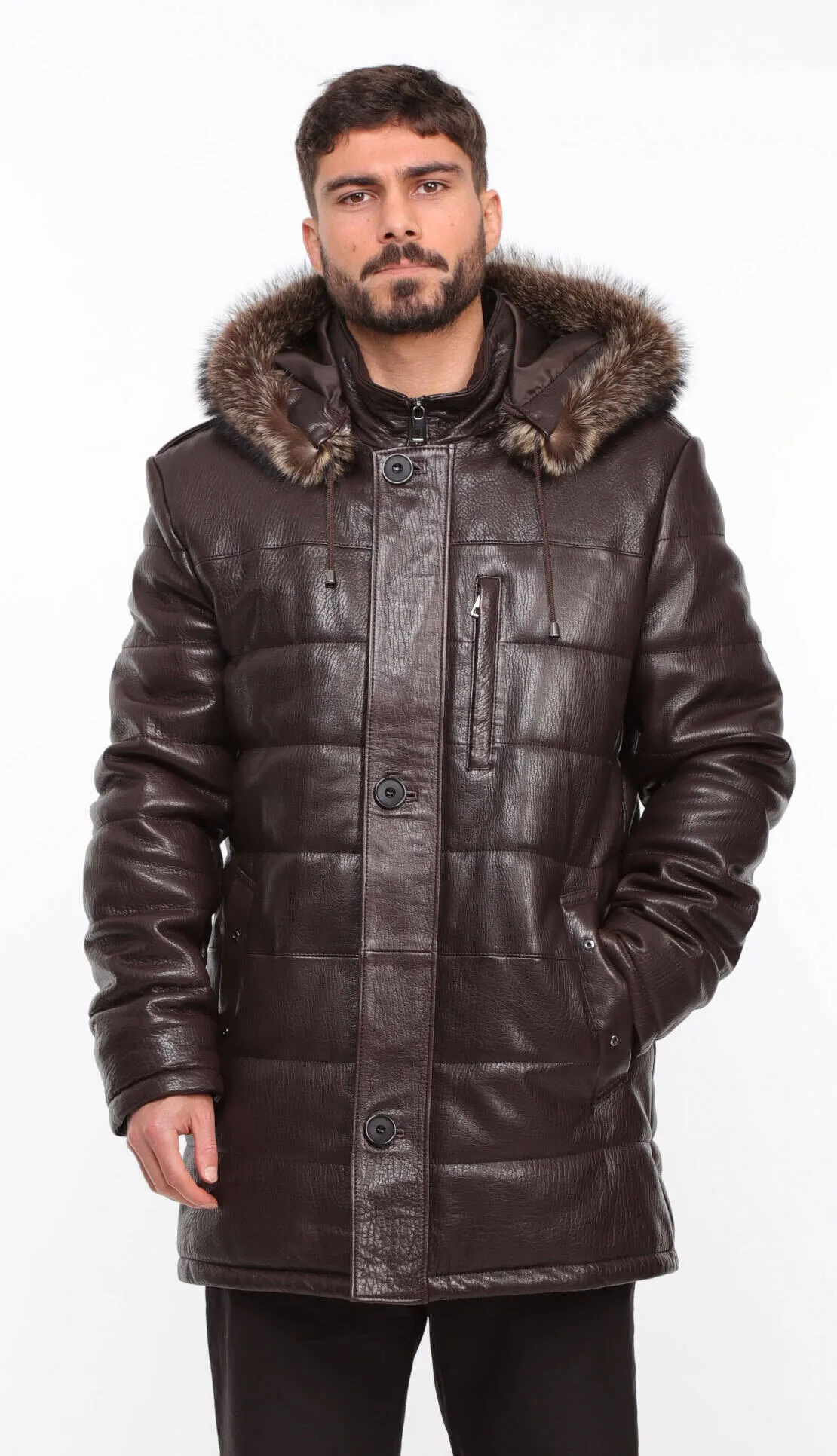 Men's brown leather down jacket \benji\