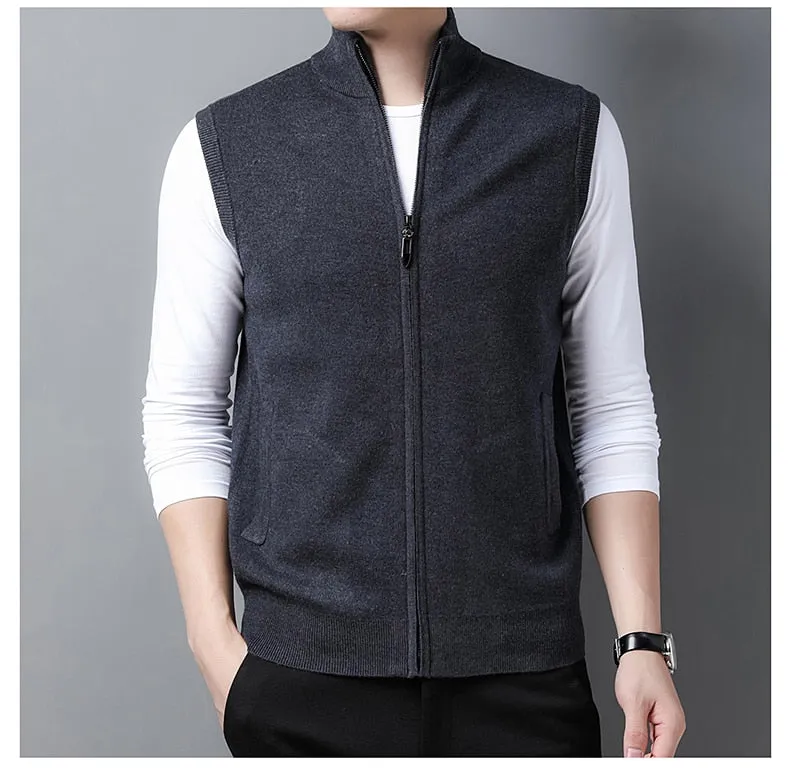 Men's Business Casual Turtleneck Thick Vest Zipper Wool Cardigan