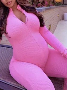 Momnfancy Pink Zipper High Neck Bodycon Maternity Jumpsuit Romper Outfits