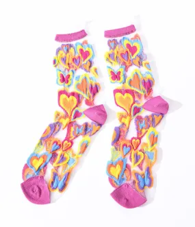 Multicolor Hearts Sheer Ruffle Crew Socks