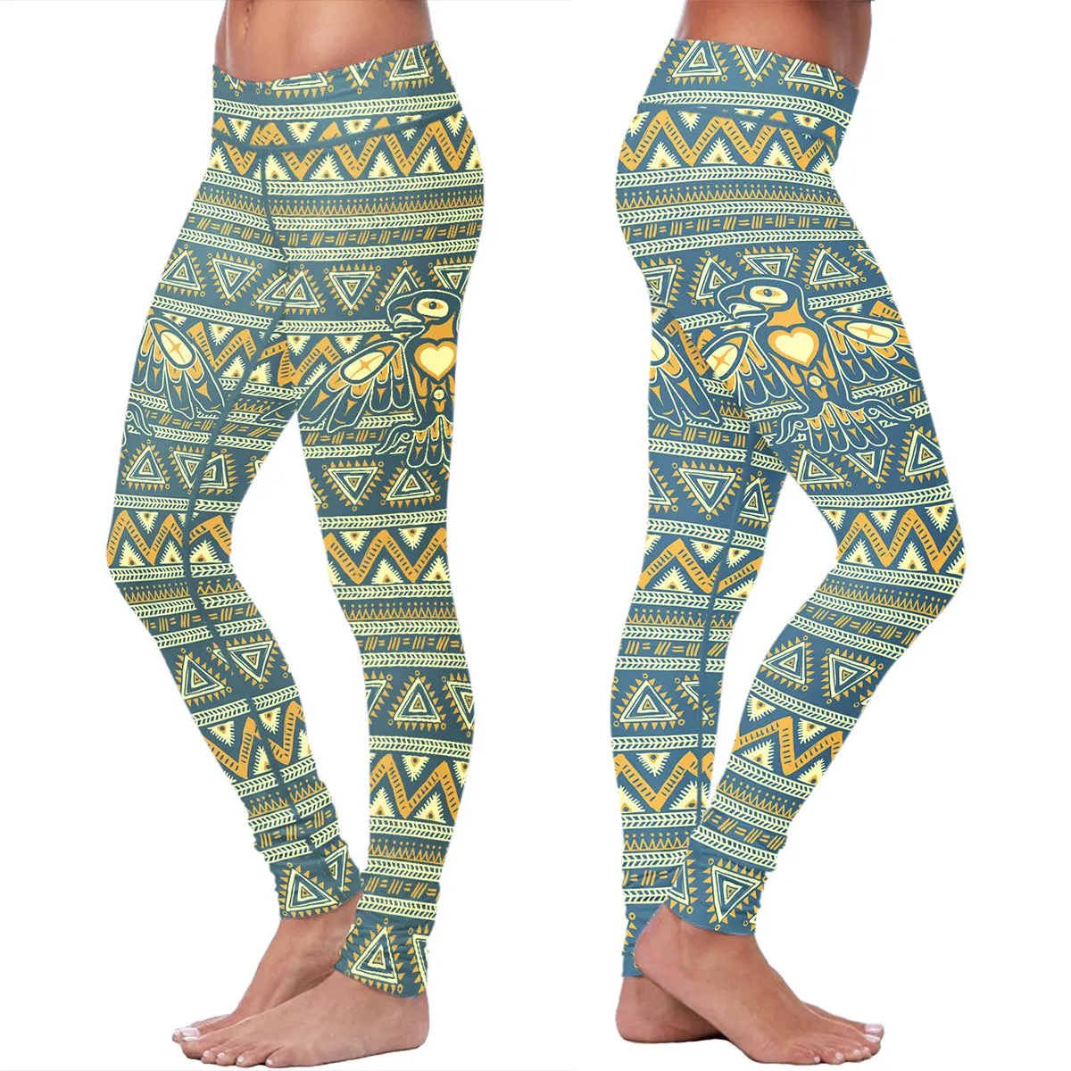 Native Bird Pattern Blue and Orange Leggings