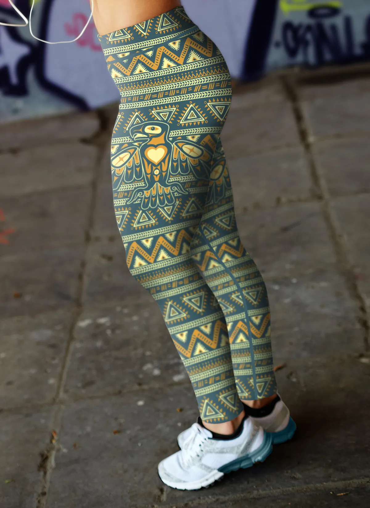 Native Bird Pattern Blue and Orange Leggings