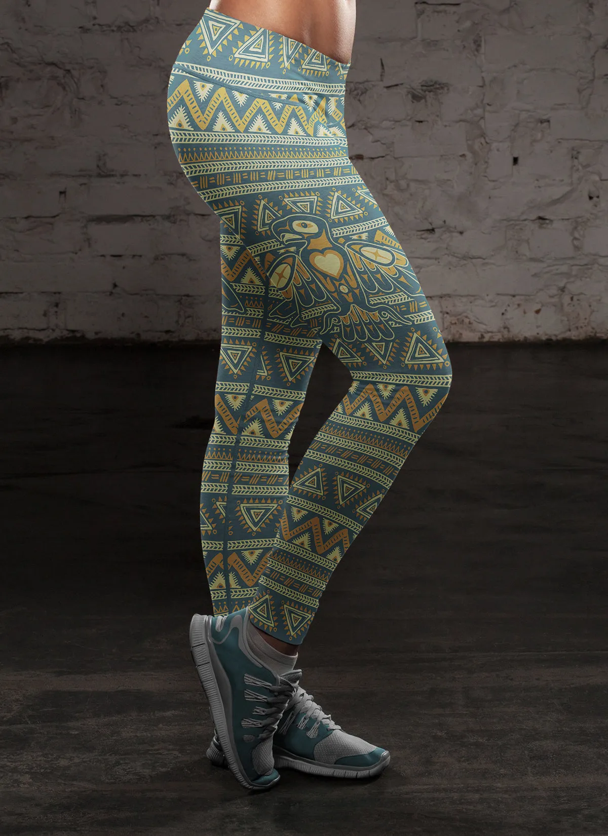 Native Bird Pattern Blue and Orange Leggings