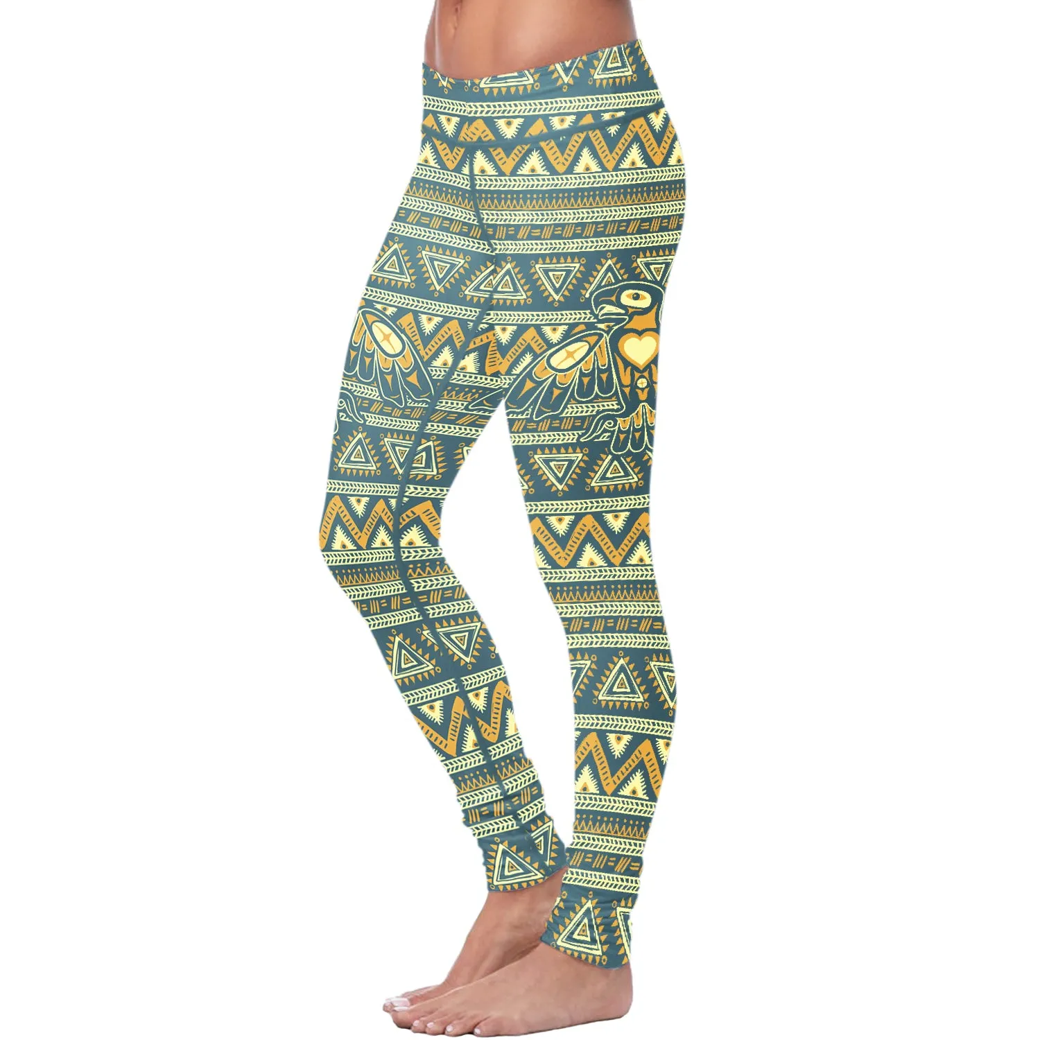 Native Bird Pattern Blue and Orange Leggings