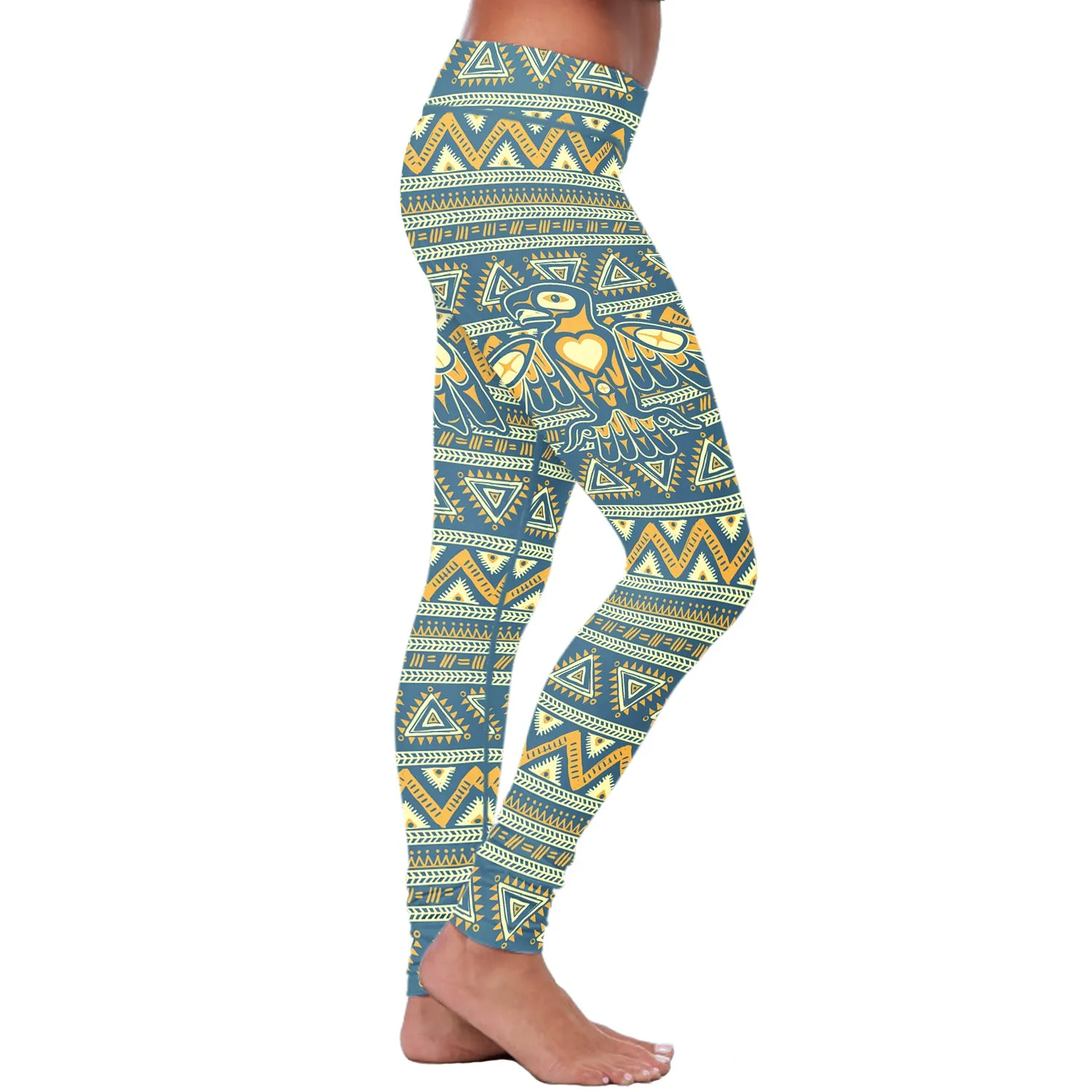 Native Bird Pattern Blue and Orange Leggings