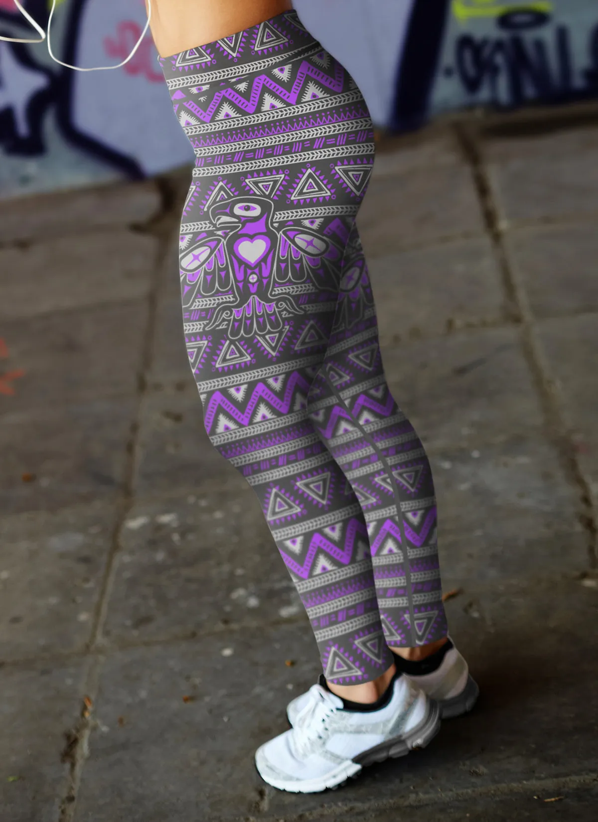 Native Bird Pattern Purple and Gray Leggings