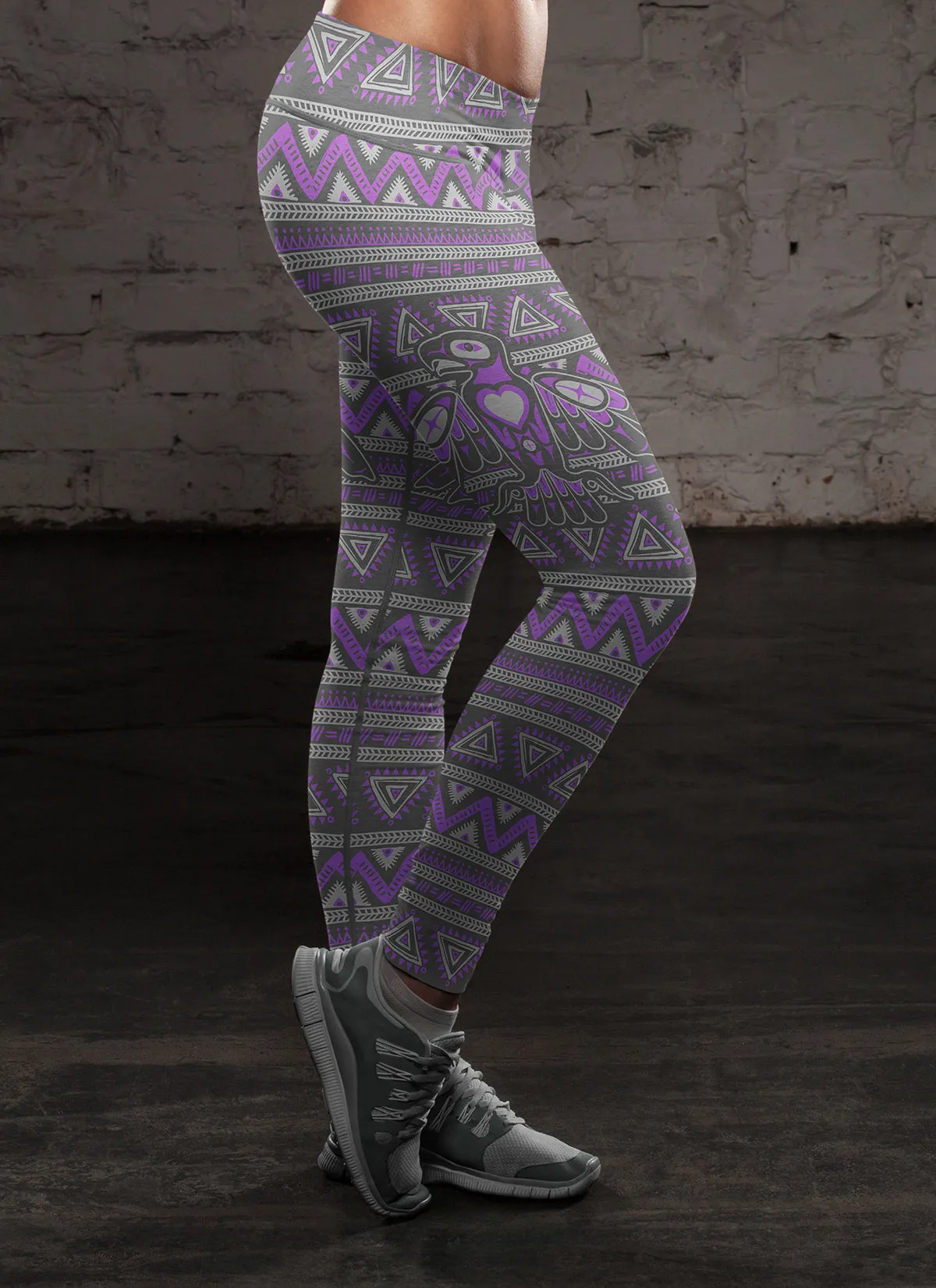 Native Bird Pattern Purple and Gray Leggings