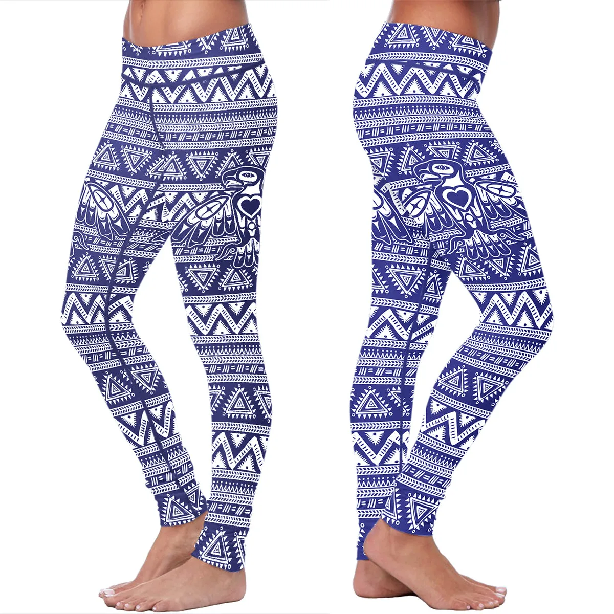 Native Bird Pattern White and Blue Leggings