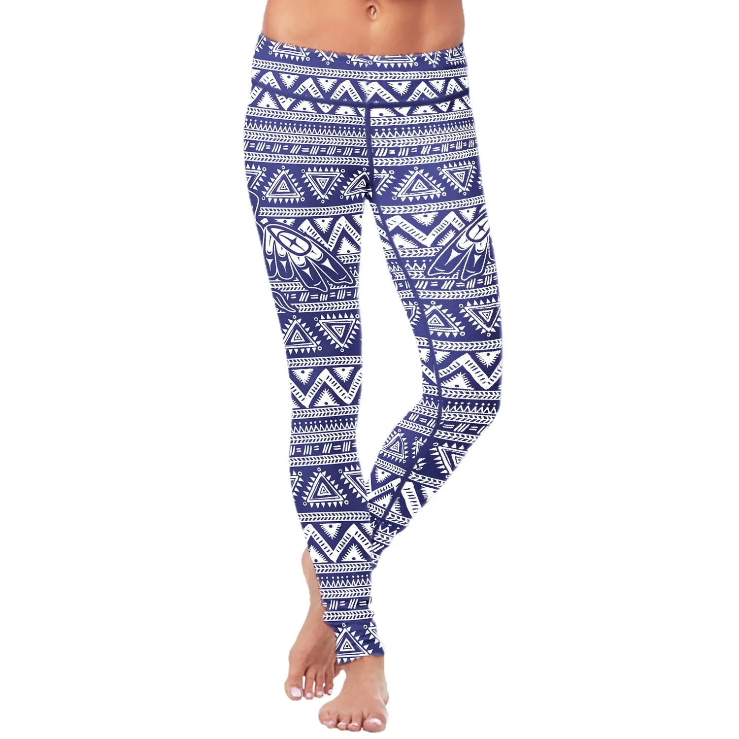 Native Bird Pattern White and Blue Leggings