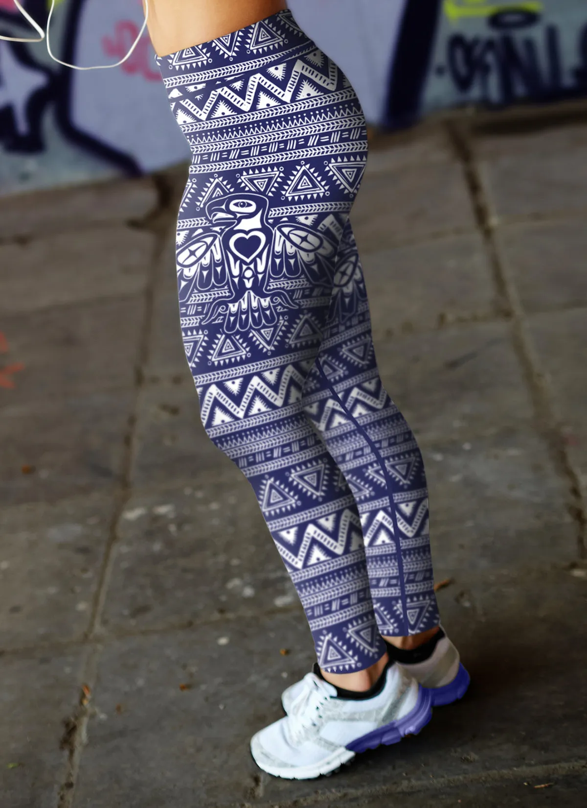 Native Bird Pattern White and Blue Leggings