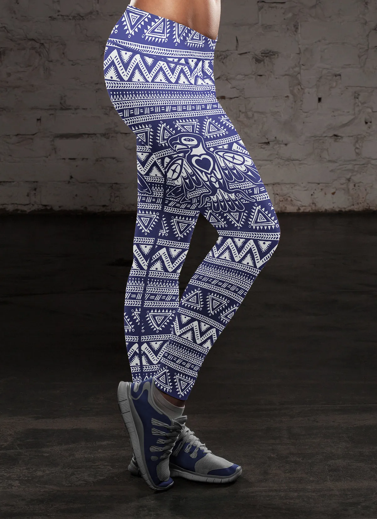 Native Bird Pattern White and Blue Leggings