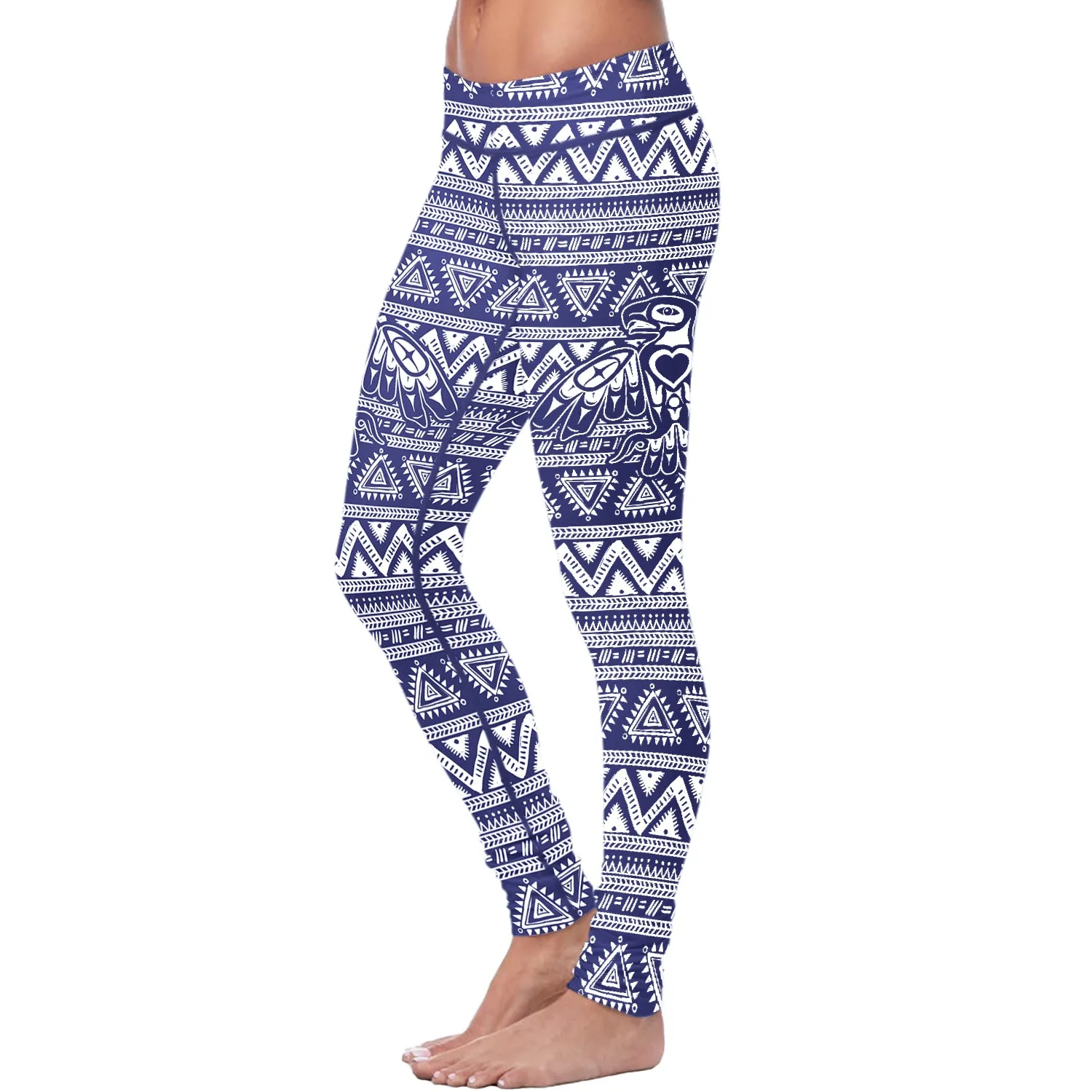 Native Bird Pattern White and Blue Leggings