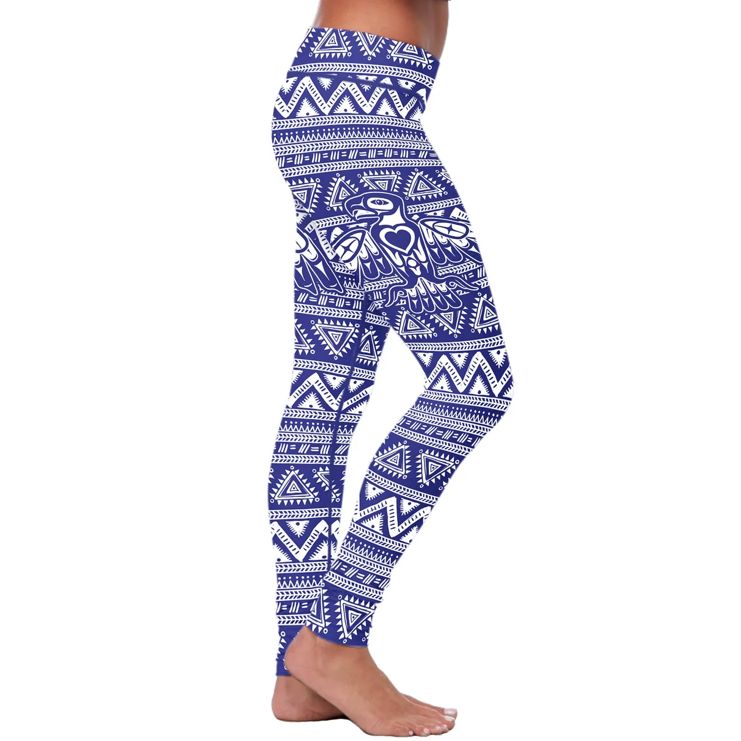 Native Bird Pattern White and Blue Leggings