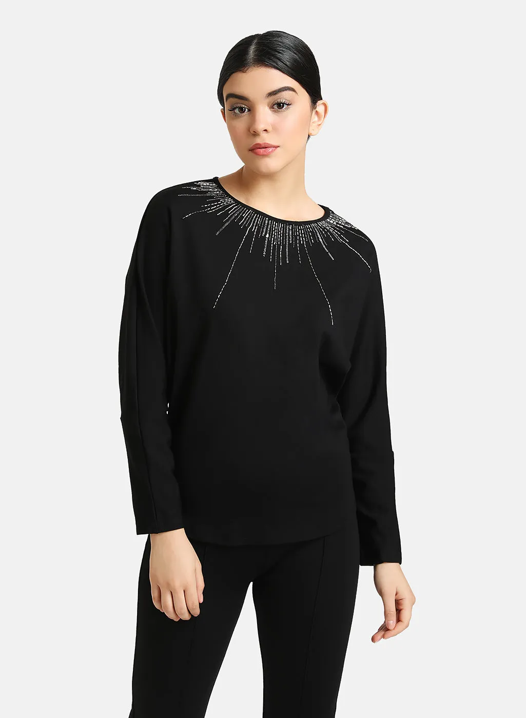 Neck Embellished Batwing Pullover